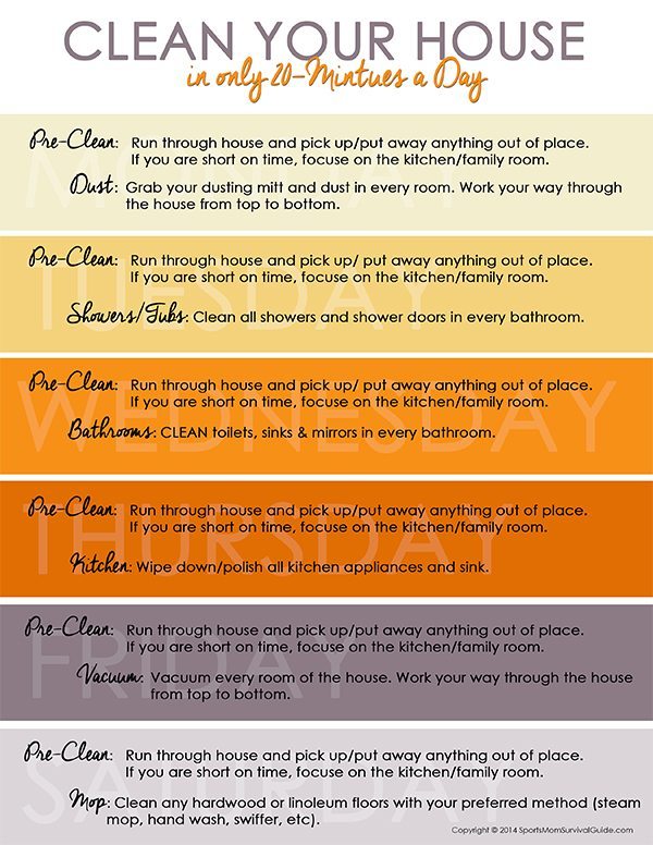 Follow this simple schedule and you can Clean your House in Only 20 Minutes a Day. You will feel like your house is always clean! Follow this simple schedule and you can Clean your House in Only 20 Minutes a Day. You will feel like your house is always clean!