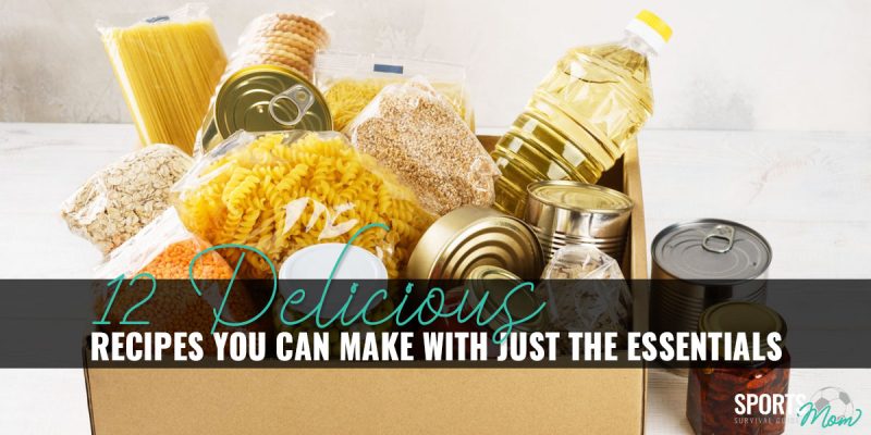 A box with jars of various pasta, grains, rice, and canned food