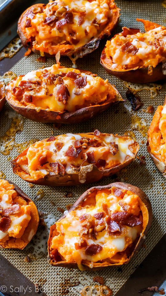 Baked sweet potato skins with bacon and cheese