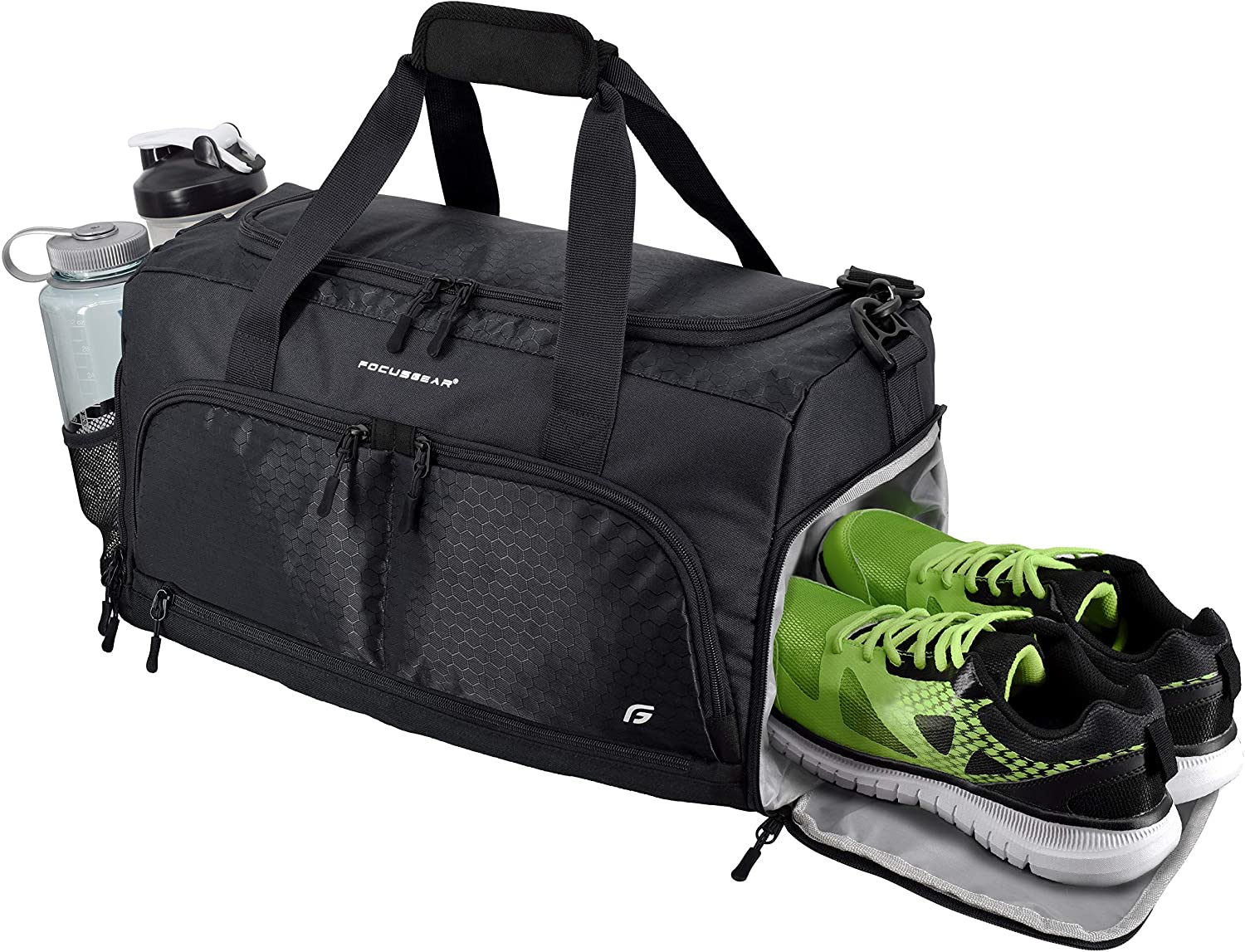Various compartments in a sports gym bag
