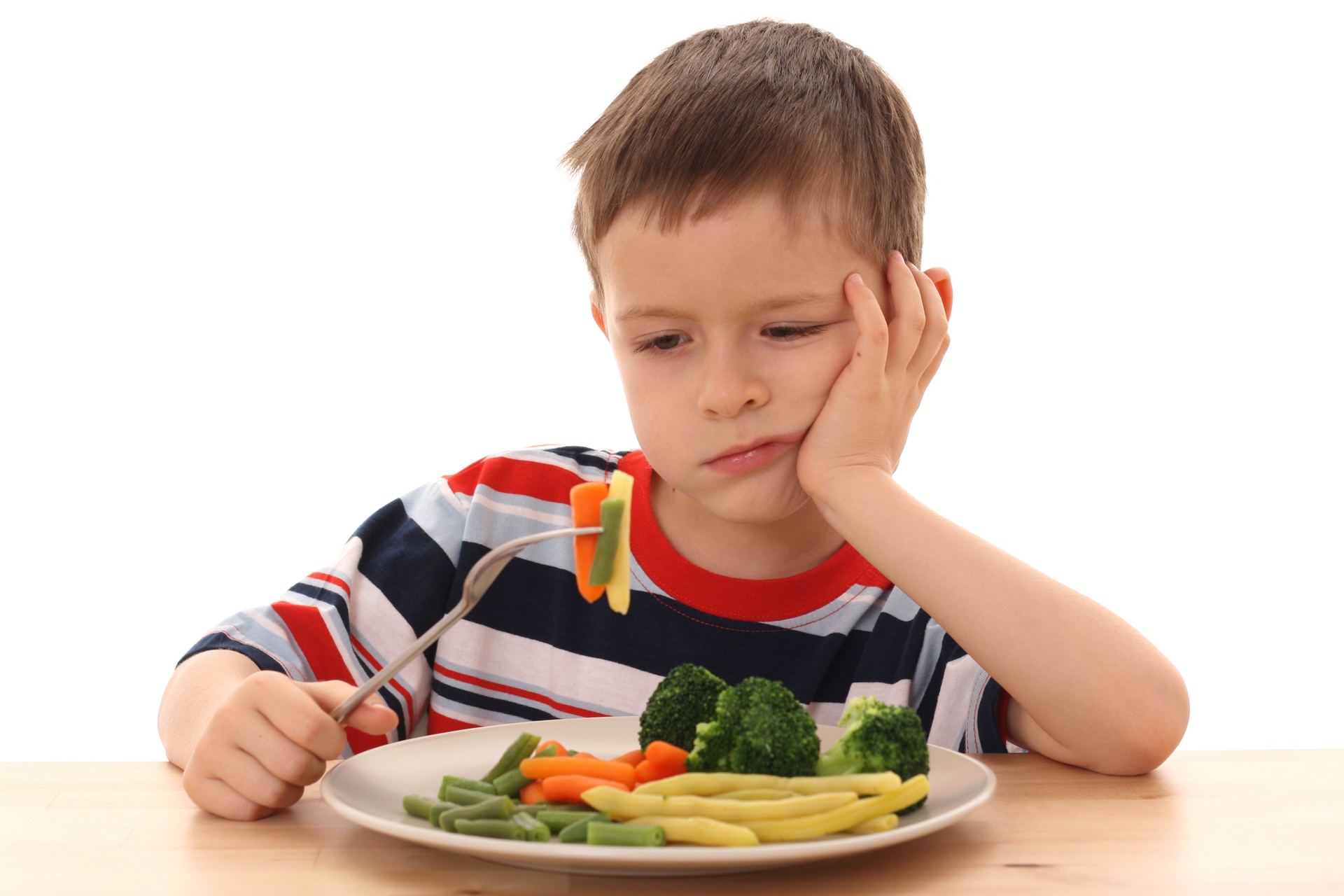 Kid frowning at a plate of vegetables