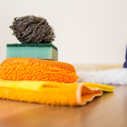 Pile of household cleaning items for chores