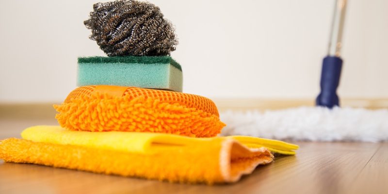 Pile of household cleaning items for chores