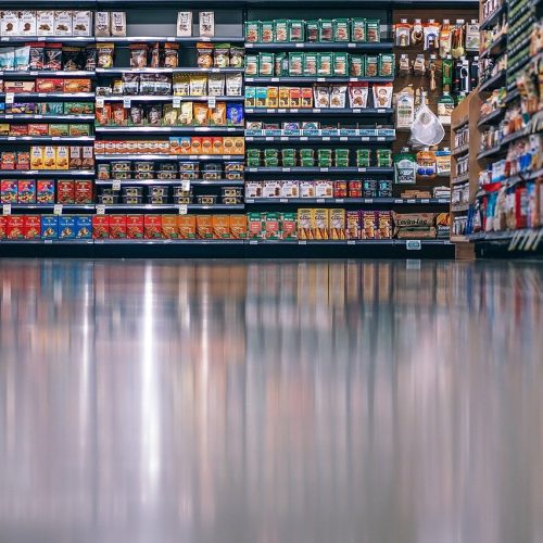 Grocery store aisle packed with snacks