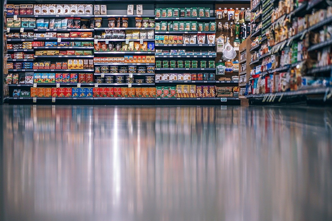 Grocery store aisle packed with snacks
